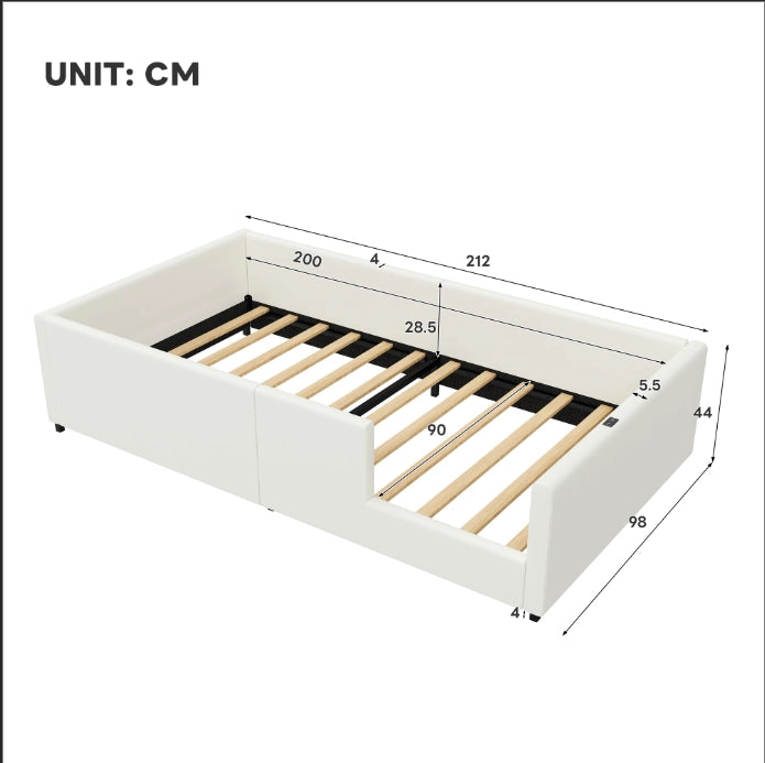 Letto singolo imbottito 90×200 cm con barriera di sicurezza, porte USB e USB-C, senza materasso, bianco