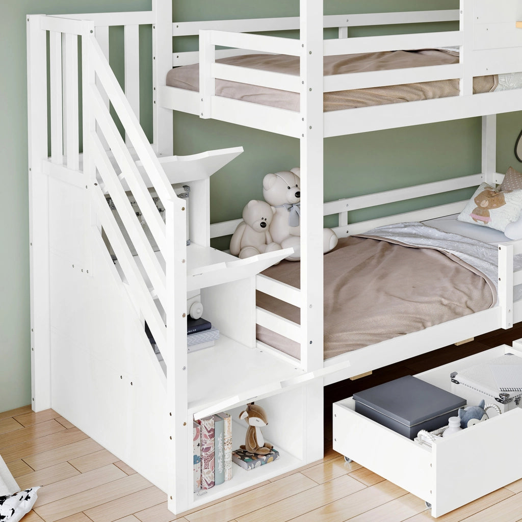 Letto a Castello 90x200 cm con Scala Contenitore; Finestra Apribile e Cassetti