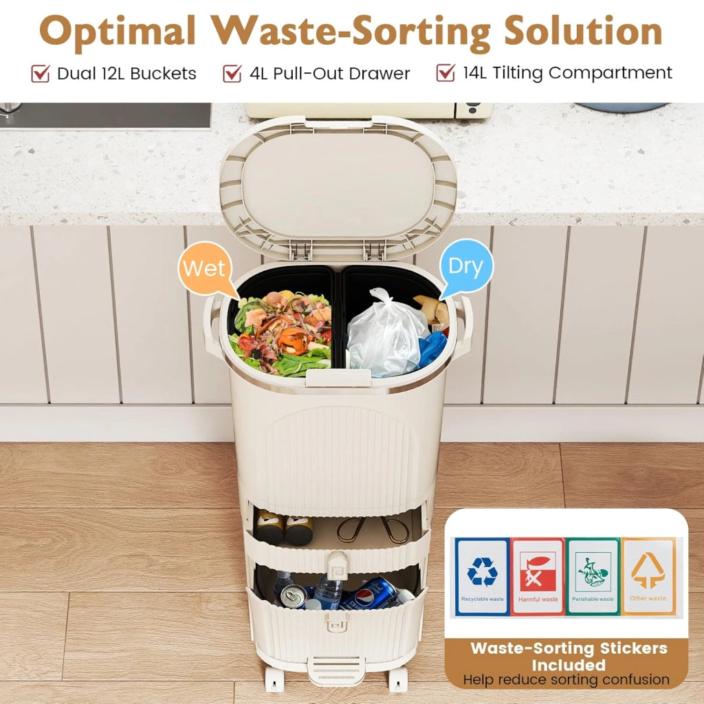 Pattumiera 38L/42L, cestino per il riciclaggio in PP con 3 scomparti, pedale, coperchio con pulsante e ruote, contenitore per cucina, bagno, ufficio (crema, 3 secchi+1 cassetto)