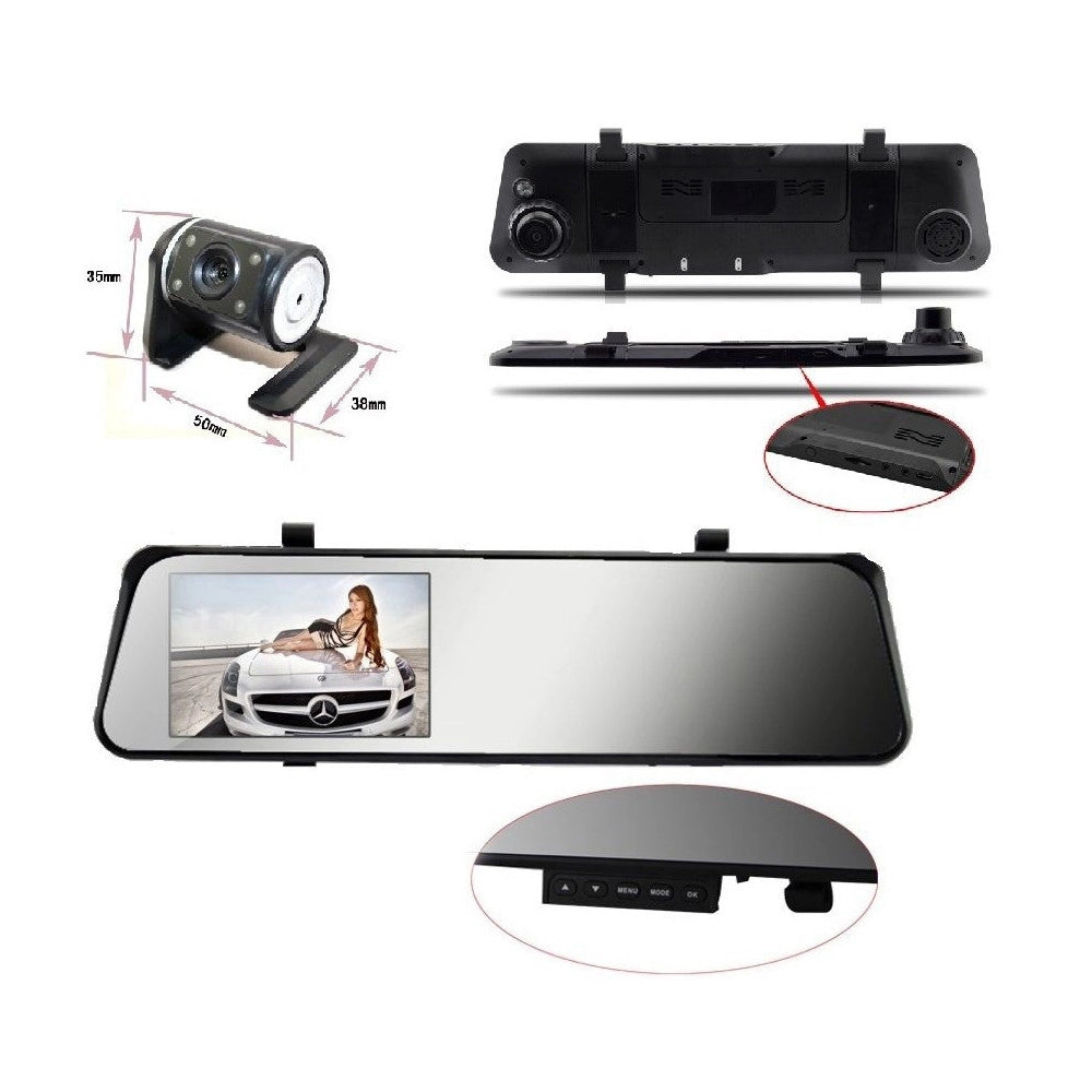 Trade Shop - Specchietto Retrovisore Dvr Telecamera Full Hd 1080p 4.3 "lcd Con Retrocamera -