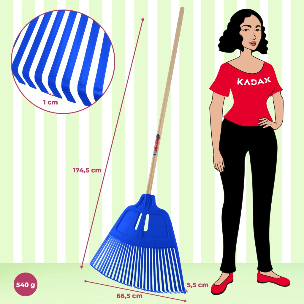 Rastrello per foglie KADAX con manico in legno, lunghezza 174 cm, a ventaglio.
