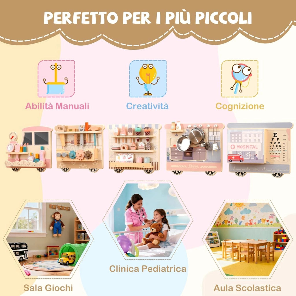 5 in 1 Pannello Sensoriale in Legno per Bambini, Busy Board con Vanity, Cassetta degli Attrezzi, Cucina Giocattolo, Kit del Dottore e Bar, Giocattolo Montessori per Sala Giochi e Asilo