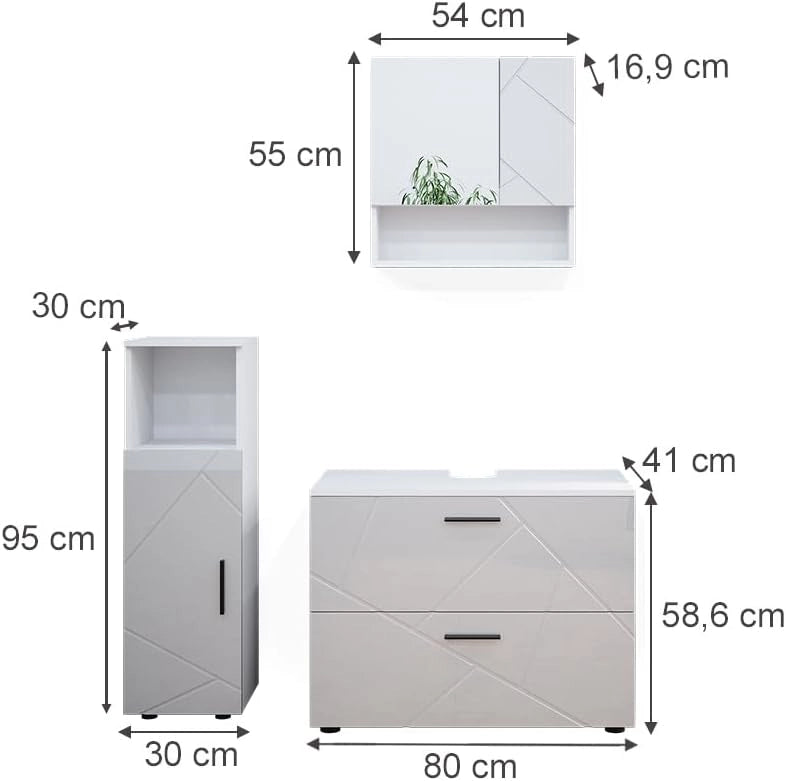 Set mobili bagno Irma, Bianco lucido, 80 cm, composto da mobile sottolavabo, specchiera e mobile medio
