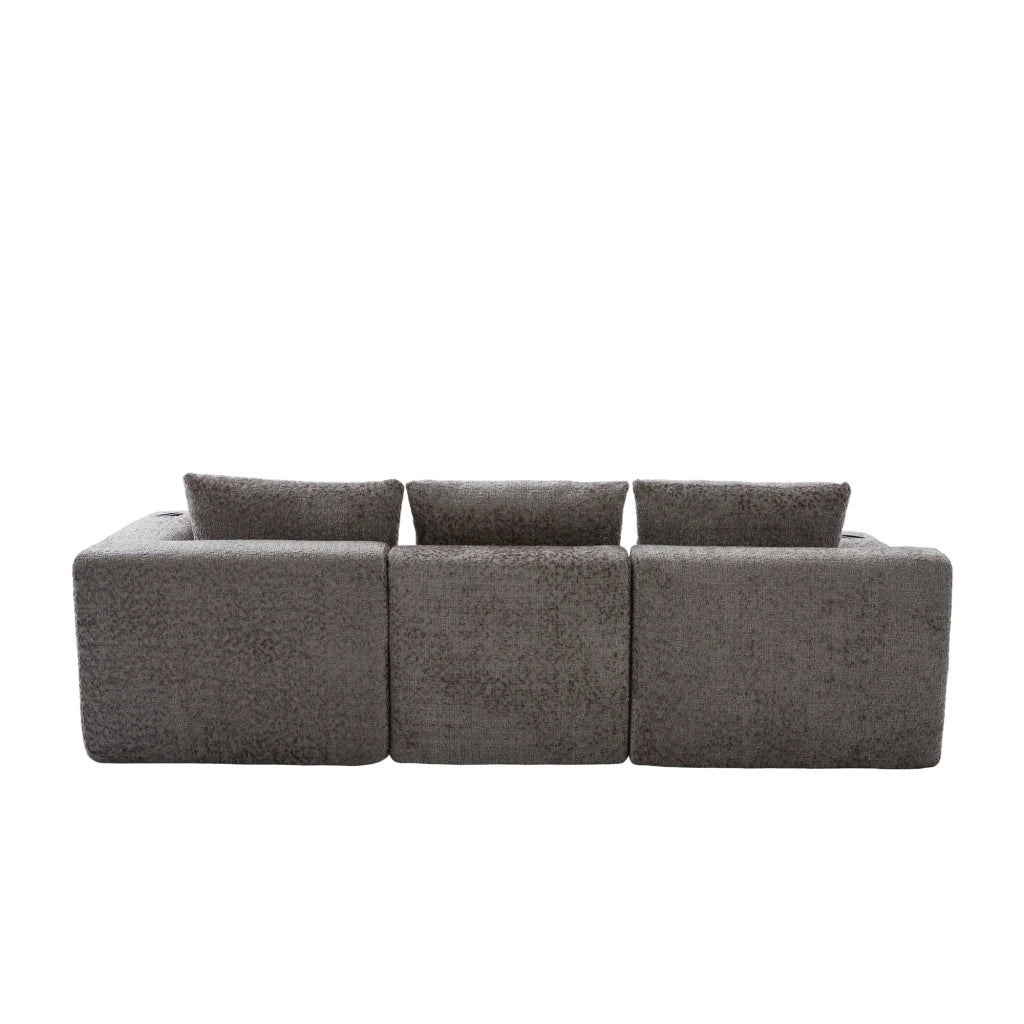 Divano angolare modulare in chenille con portabicchieri e tasche laterali grigio scuro 261 × 165 × 80 cm