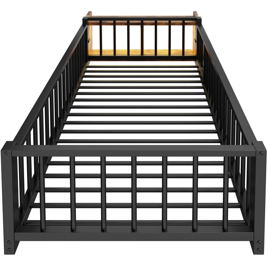 Letto 90x200 cm con sponda; vano portaoggetti e LED in metallo e MDF