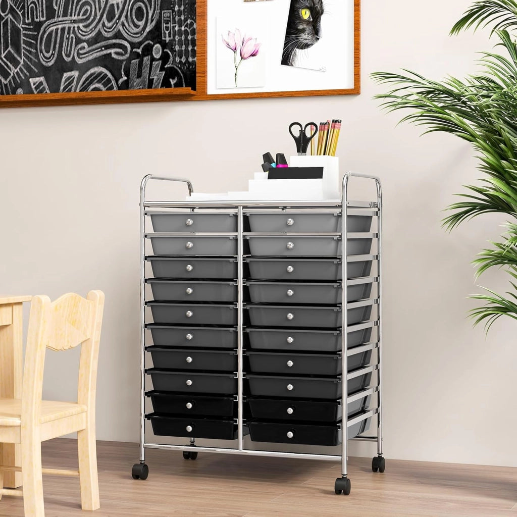 Carrello di Stoccaggio con 20 Cassetti, Carrello portaoggetti con 4 Ruote, Carrello Multiuso per Scuola Ufficio Cucina, 64 x 39 x 88 cm (Nero sfumato)