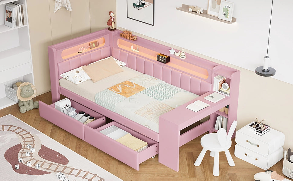 DESMIU Letto daybed 90 × 200 cm 1 posto con scrivania, 2 cassetti, USB e LED, senza materasso, rosa
