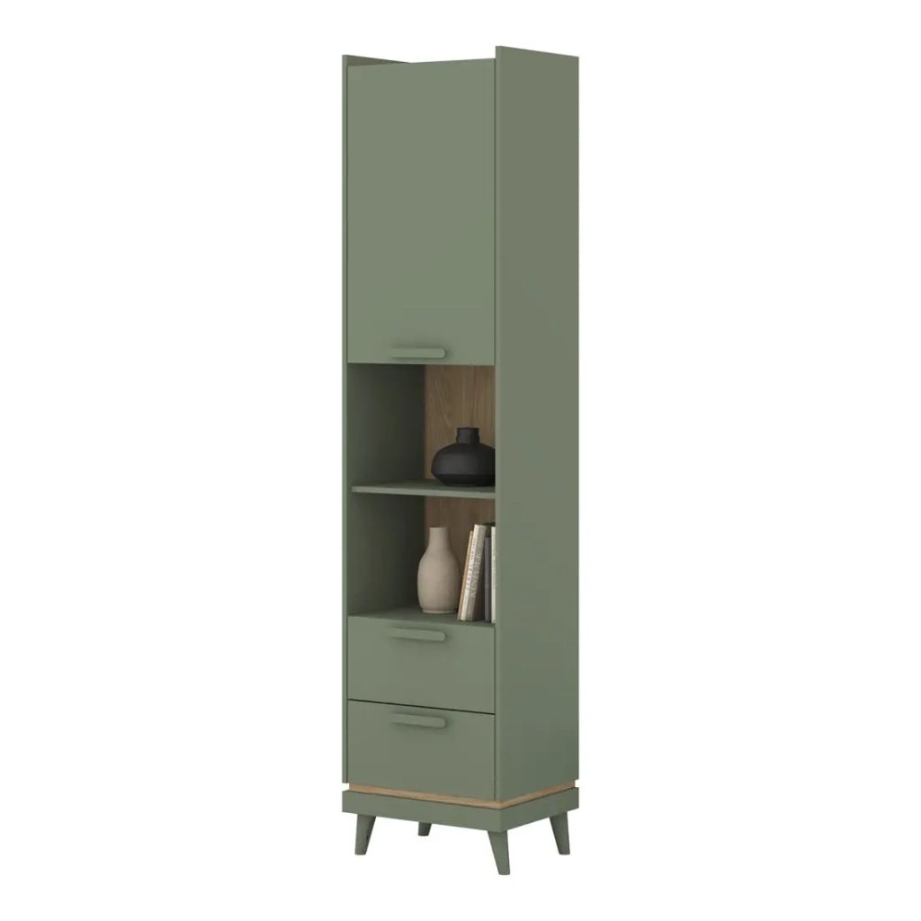 Set ufficio NOKI – Scrivania + armadio per archiviazione + libreria – Verde e legno scandinavo