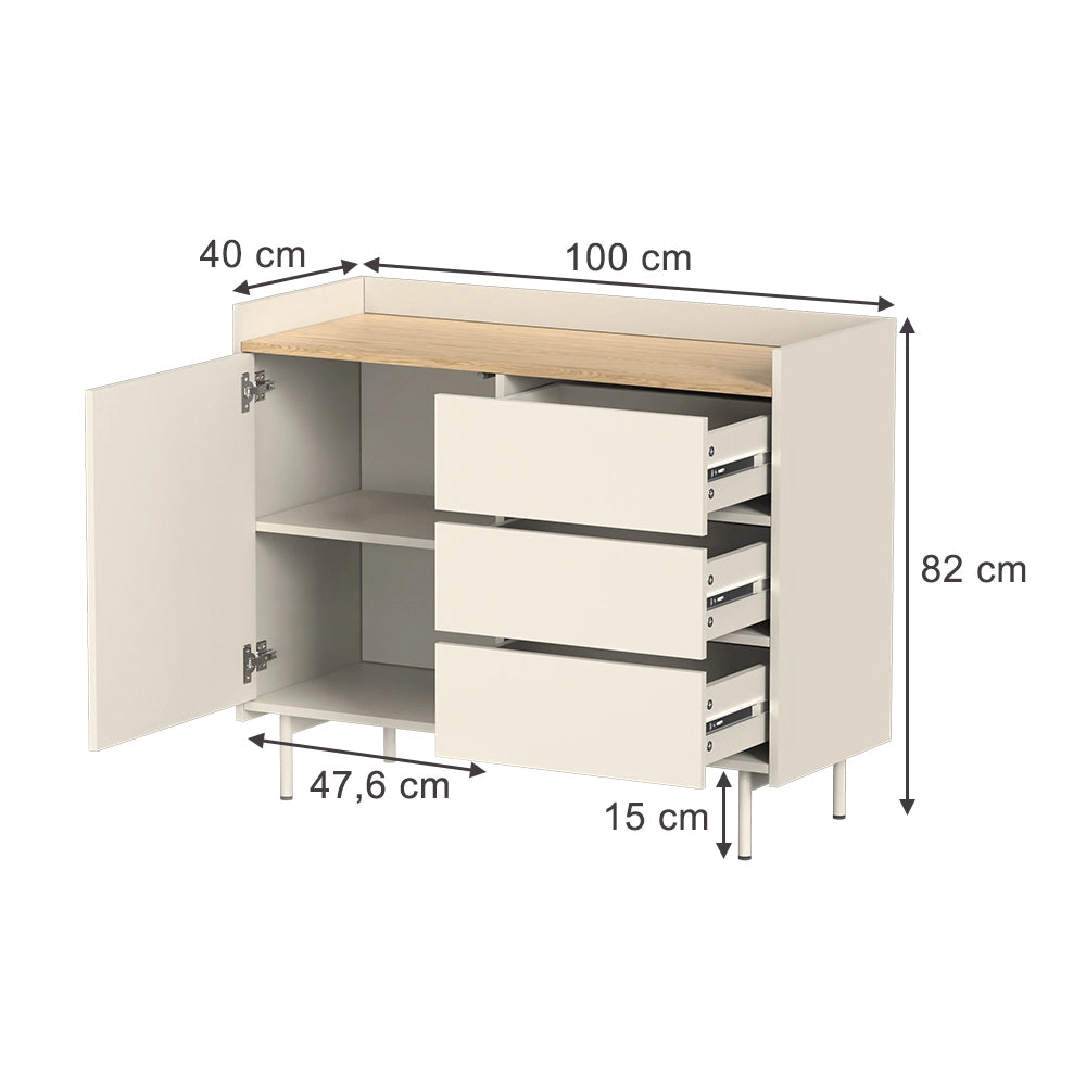 Vicco Cassettiera per camera da letto Crema 100 x 82 cm con 3 cassetti e 1 anta