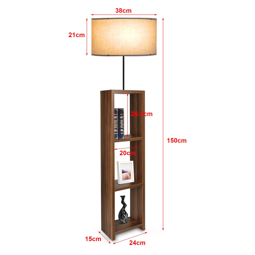 Lampada da Terra 'Redditch' Piantana con Paralume Cilindrico in Tessuto Beige e Base a Scaffale Portaoggetti in MDF