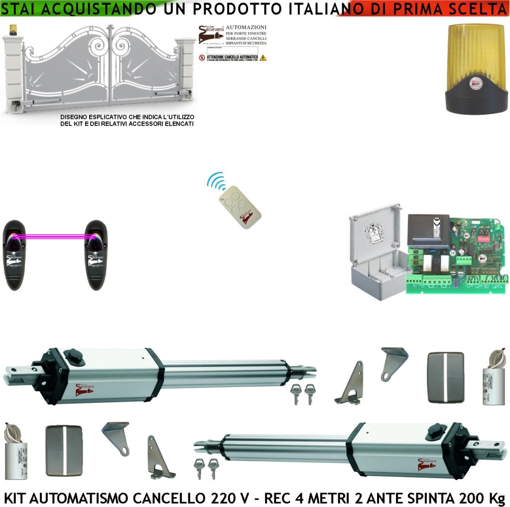 Cancello Elettrico 4 Metri 2 Ante Kit Motori 230 V Stelo Retrattile Autobloccante Corsa 300 MM Radiocomando Fotocellule Faro Chiave Cartello Monitore Centrale Luce di Cortesia Condominiale o Pedonale