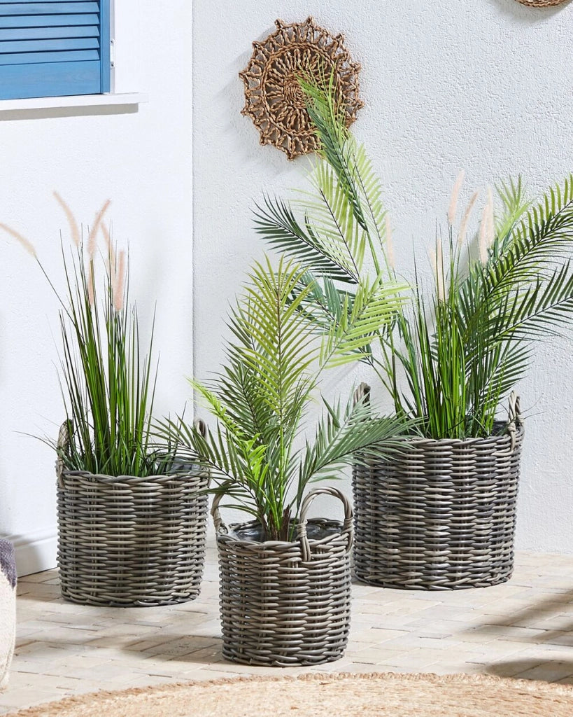 Set di 3 cesti per piante da esterno fioriere rivestite in rattan sintetico marrone talpa