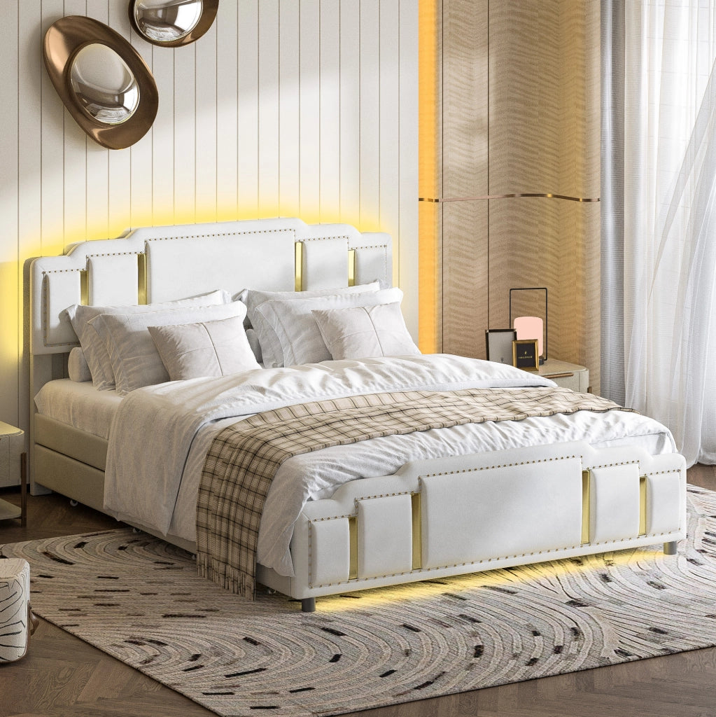 Letto matrimoniale 140x200 cm imbottito beige in velluto con cassetti e dettagli dorati