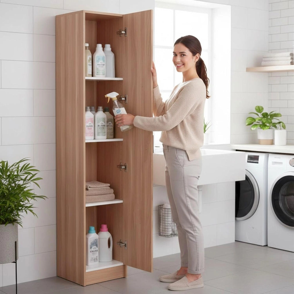 Armadio Con 1 Anta Armadietto Dispensa Mobile Multiuso Salvaspazio Con Ripiani Regolabili Anta Reversibile Ideale Per Cucina Ripostiglio Bagno Terrazzo 37 x 37 x 180 Cm Rovere