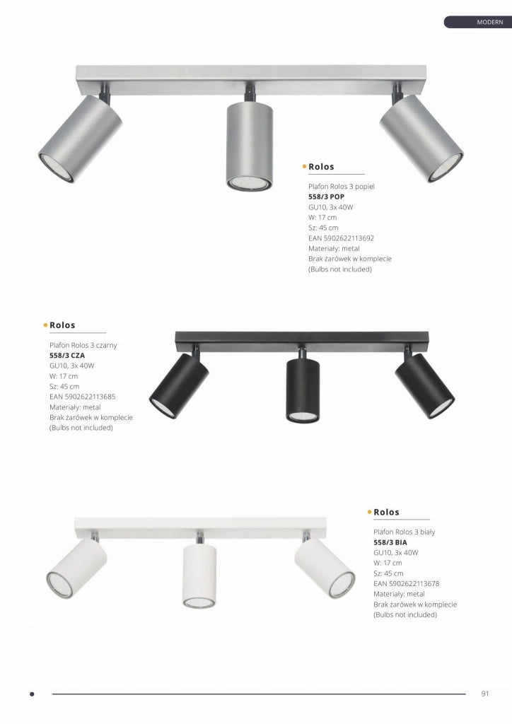 Plafoniera Lampex Rolos 3 luci nera metallo GU10 45cm