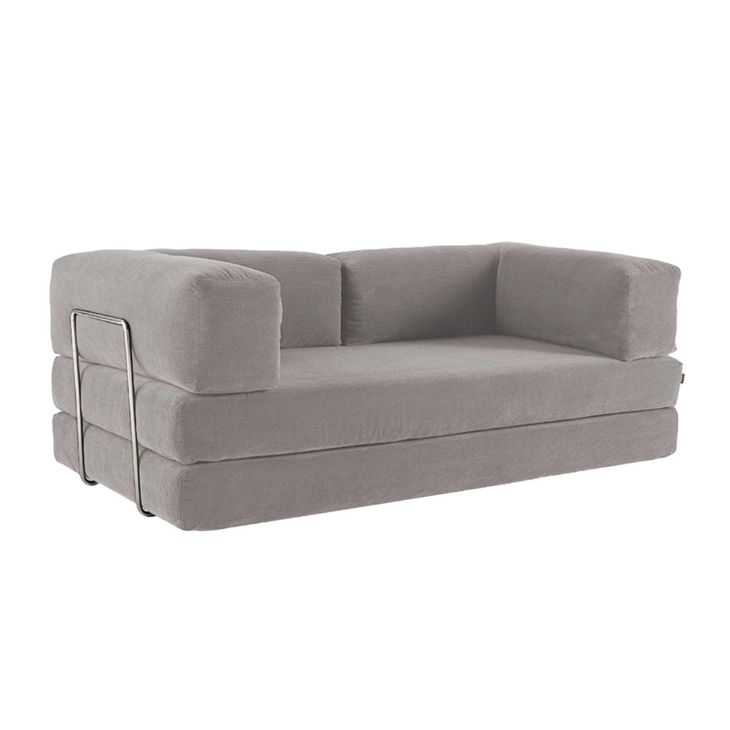 Divano letto futon in velluto a coste e struttura cromata, grigio