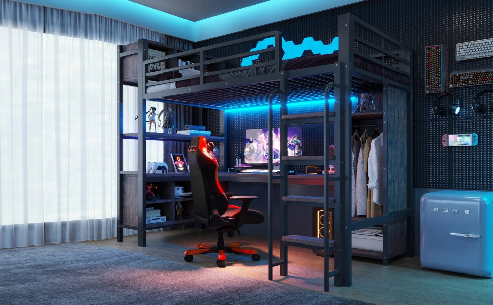 Letto a soppalco singolo 90 × 200 cm con scrivania, armadio, prese e led, senza materasso, metallo nero