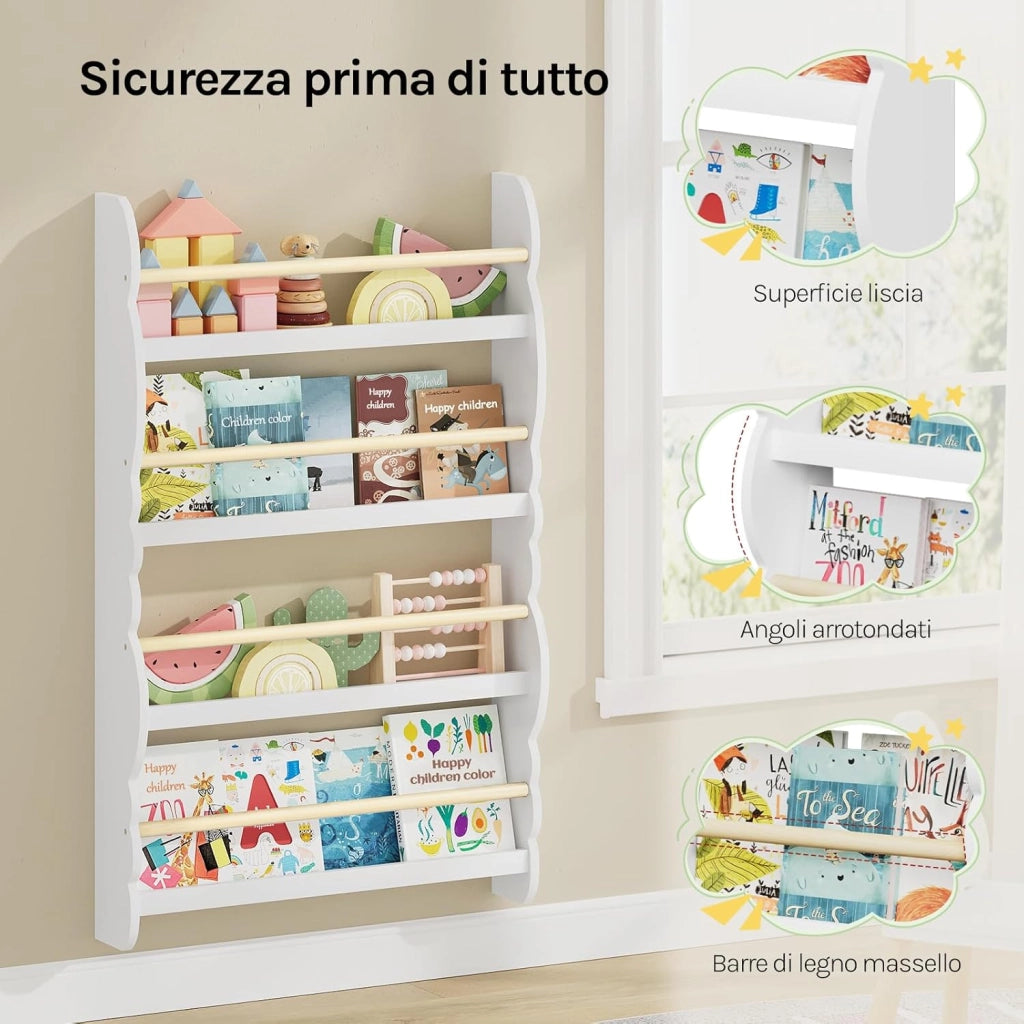 Libreria da Parete per Bambini, Piccola Libreria Frontale a 4 Ripiani in Legno, Scaffale Porta Libri a Muro per Cameretta, Bianco, 60x14,5x98 cm