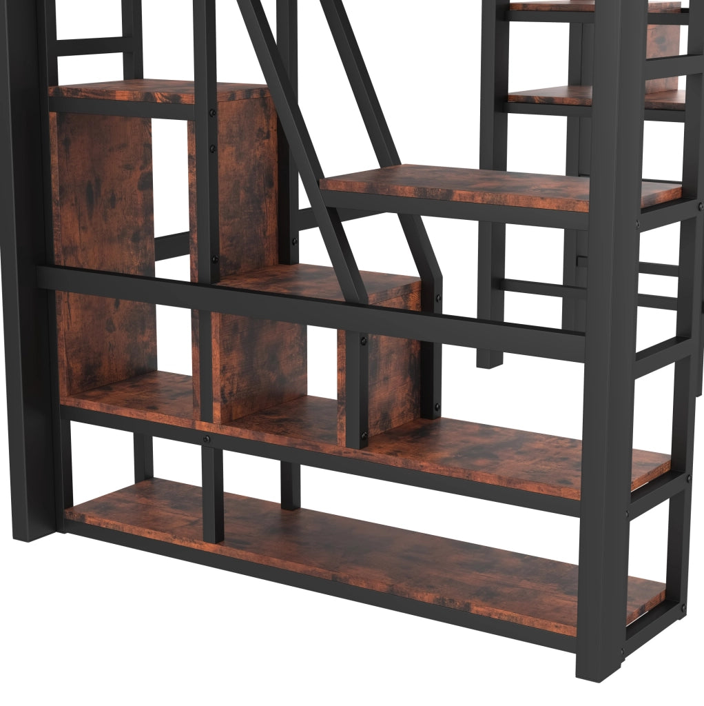Letto a soppalco 140x200 cm con LED; scaffali e scala contenitore in metallo e MDF nero