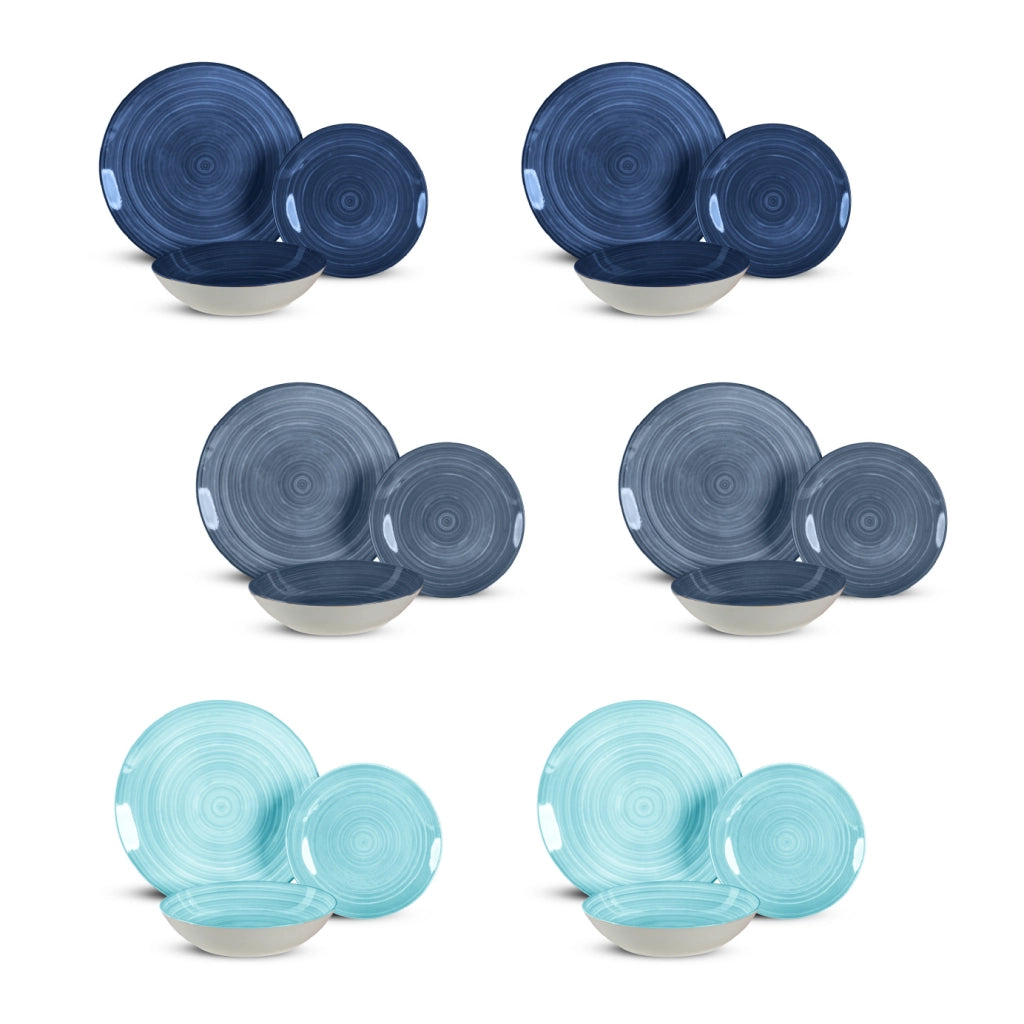 Set 18 Piatti in Porcellana Colorati Servizio Tavola Moderno 6 Persone Piatti Piani Ø27 cm, Fondi Ø20 cm e Dessert Ø19 cm Lavastoviglie e Microonde Certificati per Contatto Alimentare Acqua