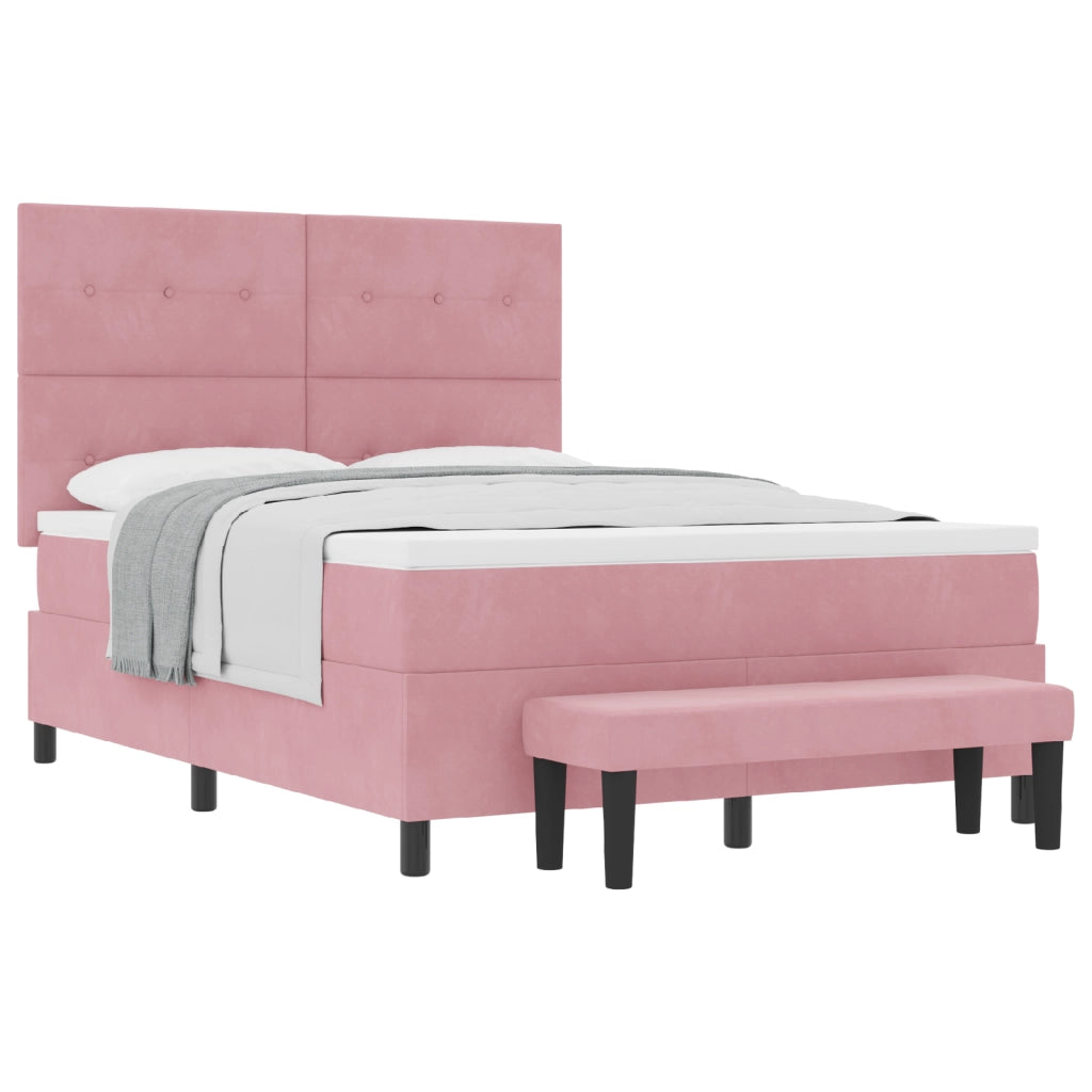 Letto a molle con materasso e panca rosa 160x200 cm velluto