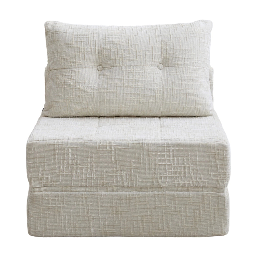 Divano letto pieghevole in ciniglia beige con cuscini; 79 x 180 cm