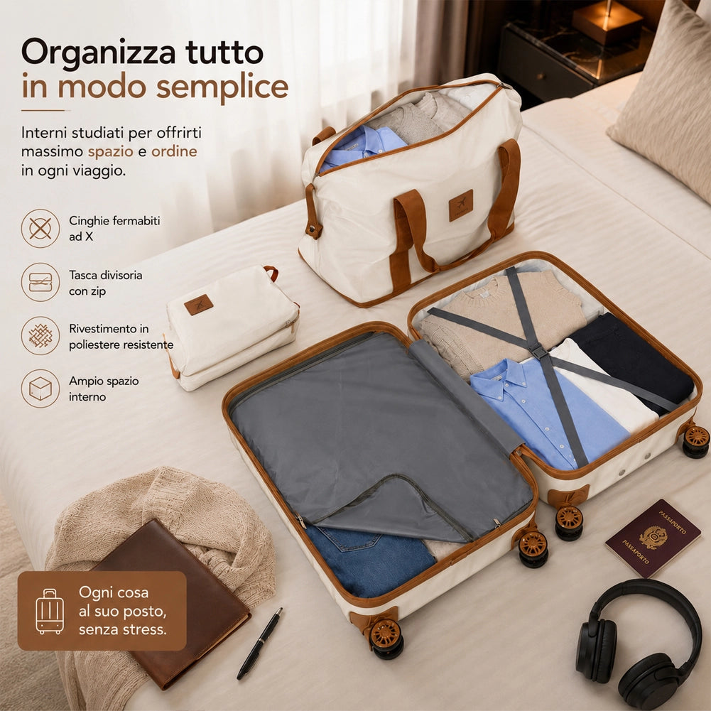 Set 6 Pezzi Valigie Rigide Family in ABS Beauty Case Beige e Marrone 55/66/75 cm