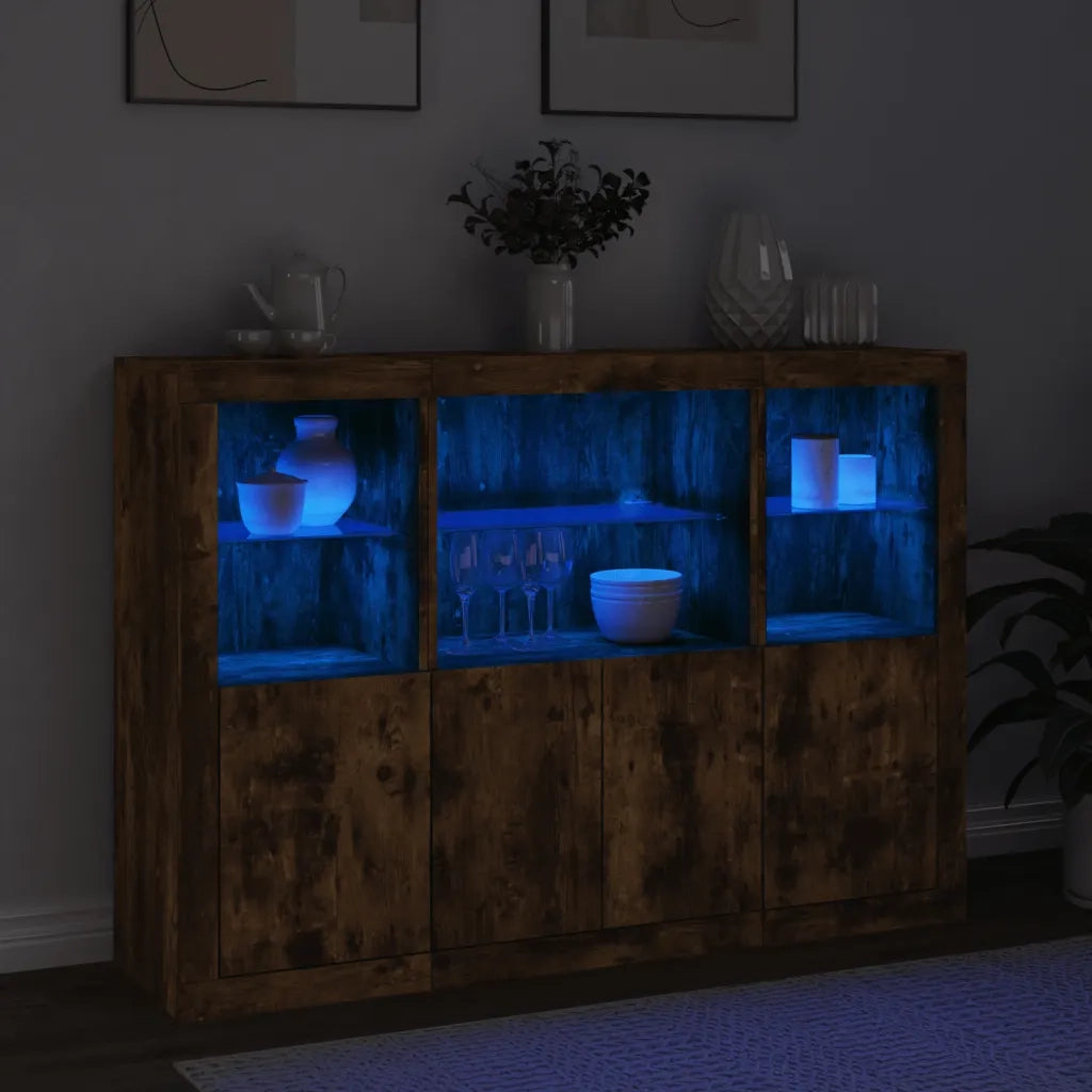 Credenze con Luci LED 3 pz | Madia | Buffet da pranzo | Armadio da pranzo Rovere Fumo in Legno Multistrato