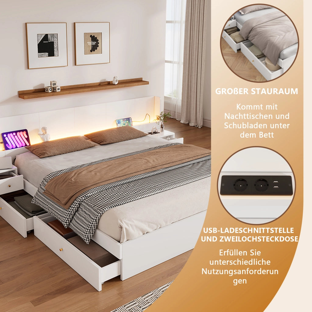 Letto Matrimoniale 180x200 cm; 2 Posti - USB; Presa; LED via app; 2 Cassetti - MDF - Bianco