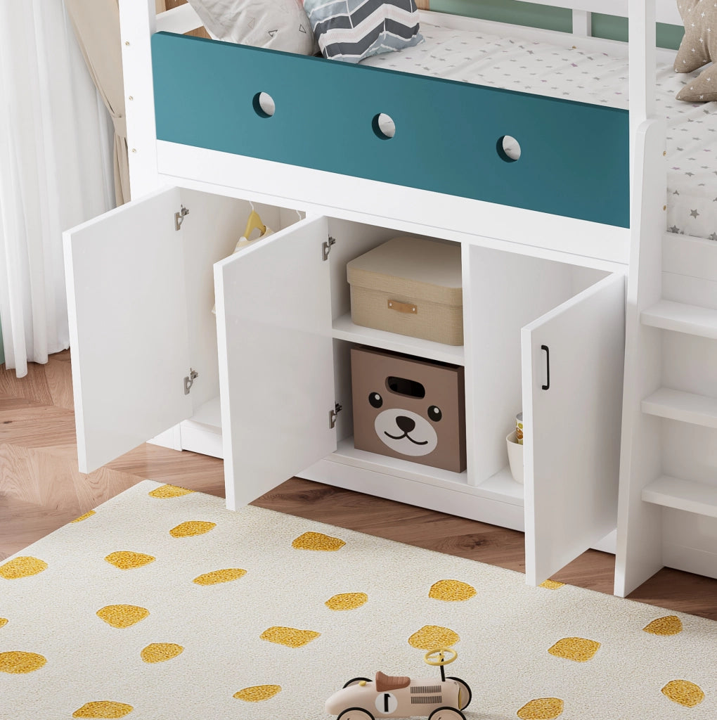Letto a soppalco semialto 90x200 cm a forma di casa con armadio e area gioco bianco