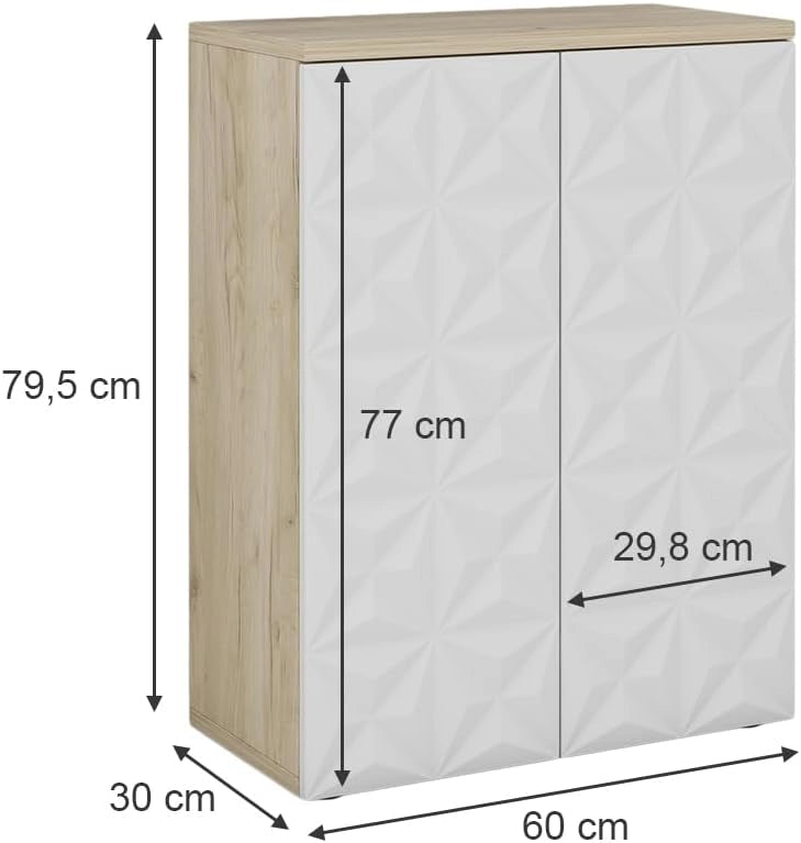 Mobiletto bagno Edge, Bianco, 60 x 79.5 cm con 2 ante e 3 scomparti, per la conservazione in bagno con meccanismo push-to-open