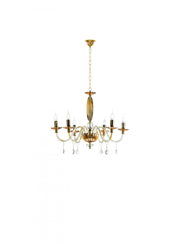 LAMPADARIO CECILIA 6 LUCI VETRO E CRISTALLO AMBRA E TRASPARENTE ATTACCO E14 D.60CM