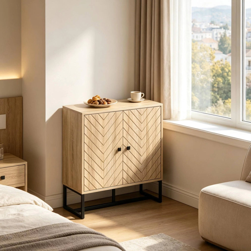 Credenza 80x29，5x80 cm MDF metallo nero e legno naturale per sala da pranzo
