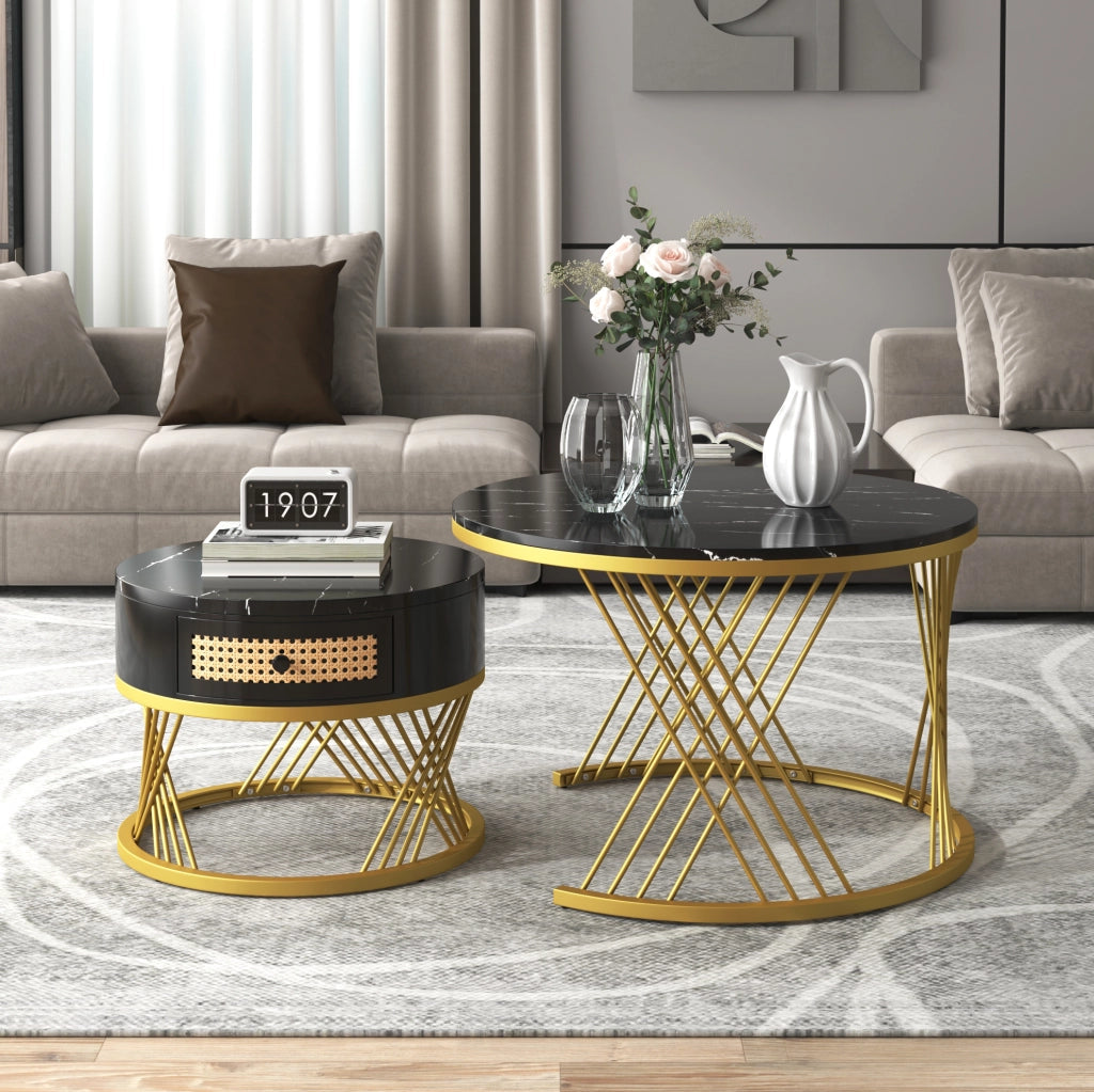 Tavolino da salotto rotondo 2 in 1 con effetto marmo; MDF nero e dettagli oro; 70/50 cm