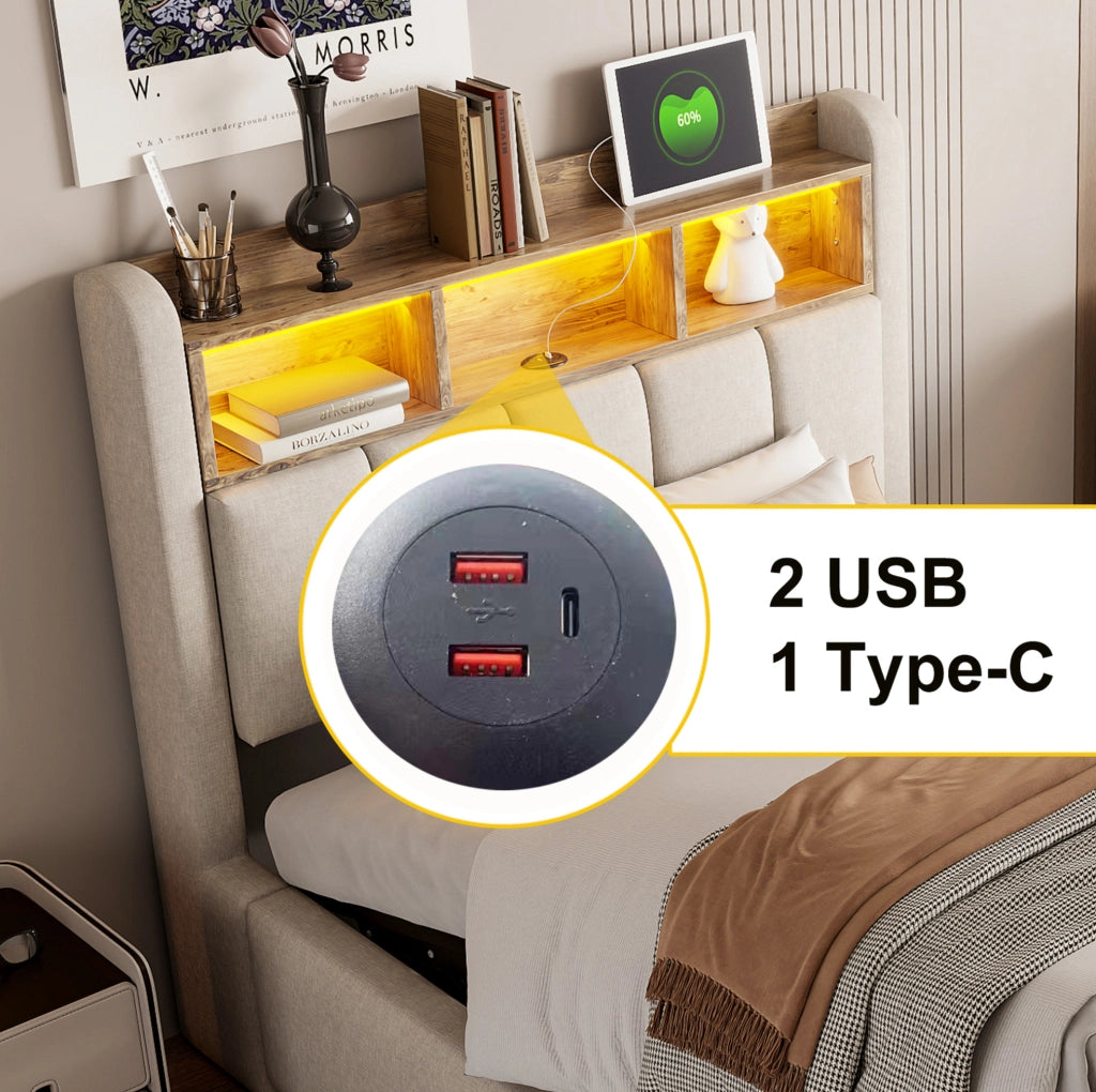 Letto imbottito 90x200 cm beige con LED, USB-C e contenitore