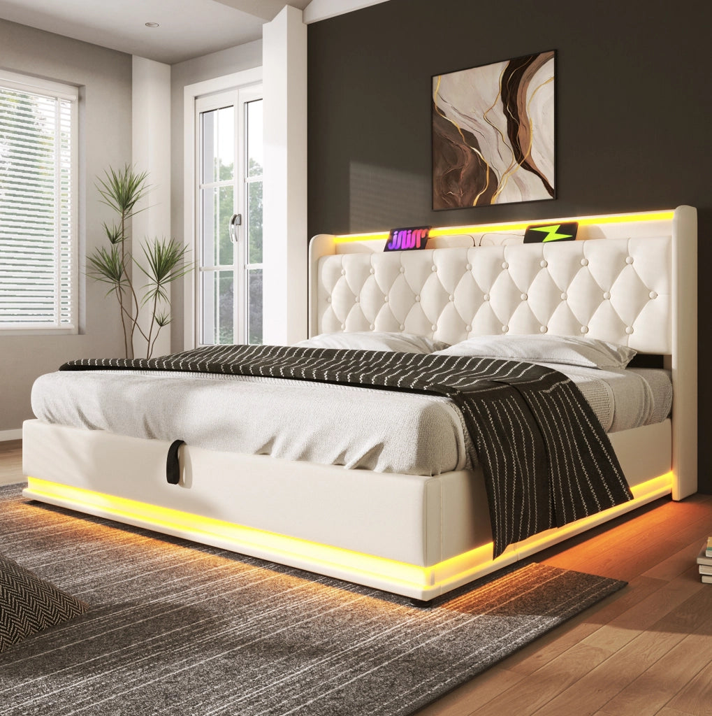 Letto matrimoniale 180x200 cm con contenitore; LED e porte USB e USB C; similpelle bianca