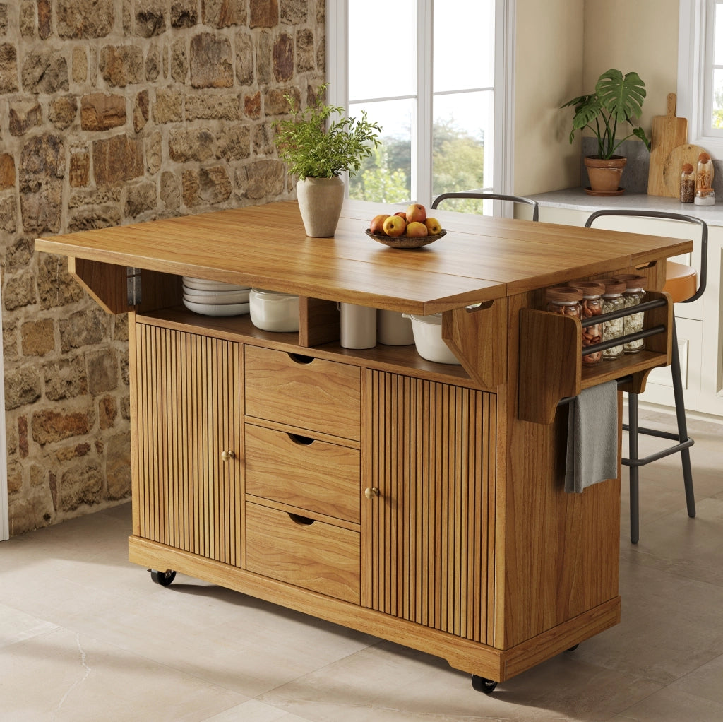 Carrello da cucina pieghevole con 3 cassetti e ripiani regolabili in MDF; marrone scuro