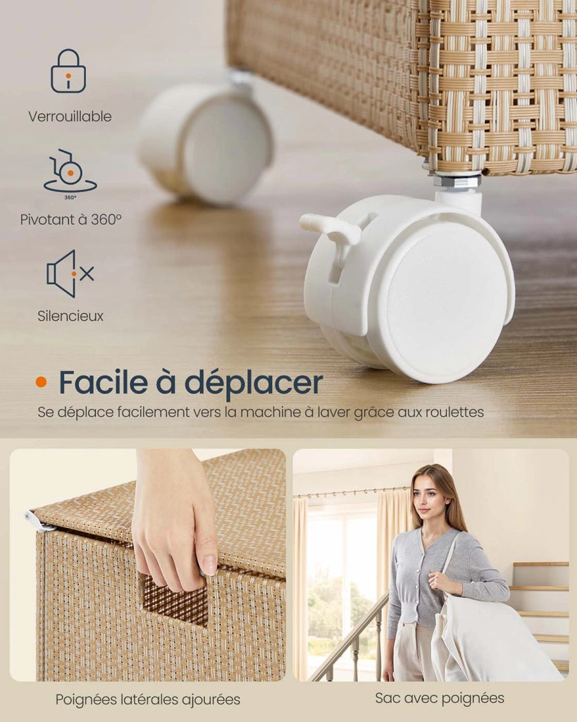 Cesto portabiancheria con 2 scomparti 140 litri cesto portaoggetti su ruote coperchio sacco con manici in finto vimini per lavanderia bagno beige 12_0006081
