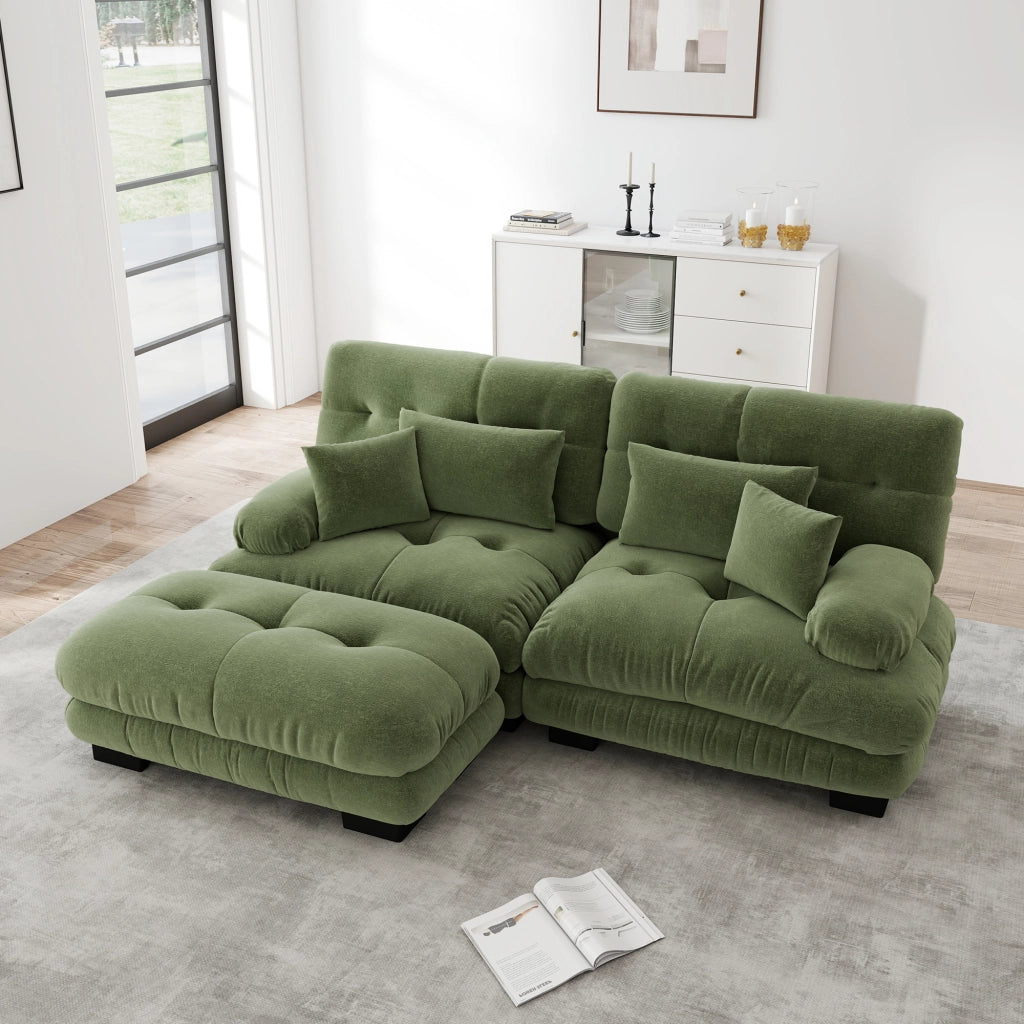 Divano angolare modulare in chenille con cuscini lombari e ottomani, verde, 220 × 145 × 81 cm