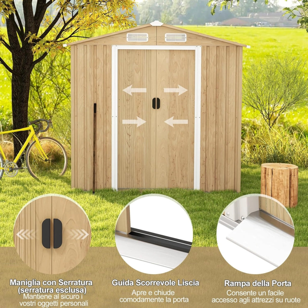 Casetta da Esterno 2,34㎡, Capanno Porta Attrezzi con Porte Scorrevoli, Maniglie, Sfoghi e Tettoia, Casetta da Giardino in Lamiera di Acciaio e Lamiera Zincata (196 x 142 x 186 cm)