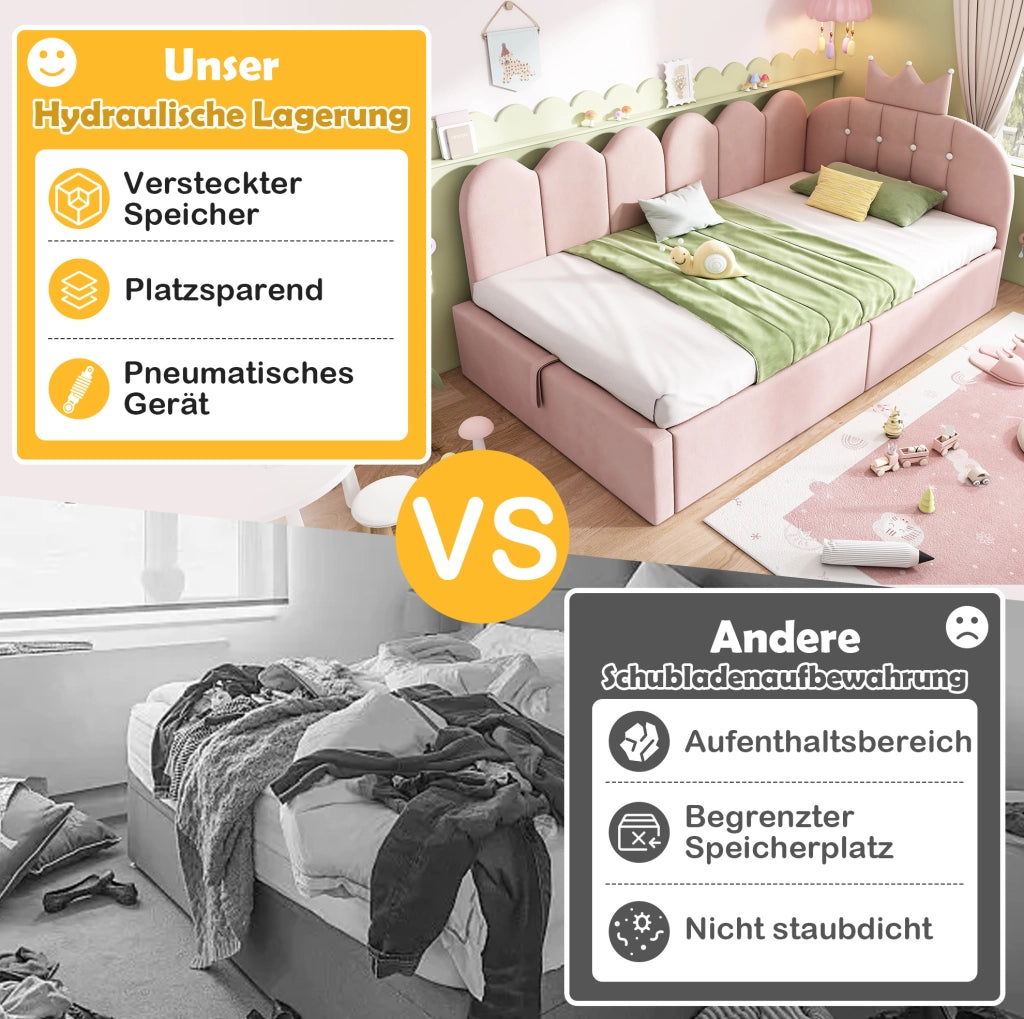 Letto daybed a L con testiera a corona 90x190 cm in velluto rosa con contenitore