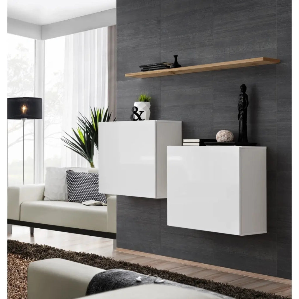 Set di mobili da soggiorno SWITCH SBI design, colore bianco lucido e scaffale in rovere Wotan.