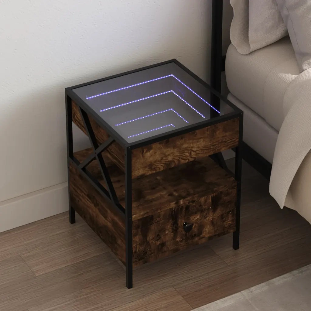 Comodino | Armadio da Notte | Mobiletto da notte con LED Infinity Rovere Fumo 40x40x51 cm