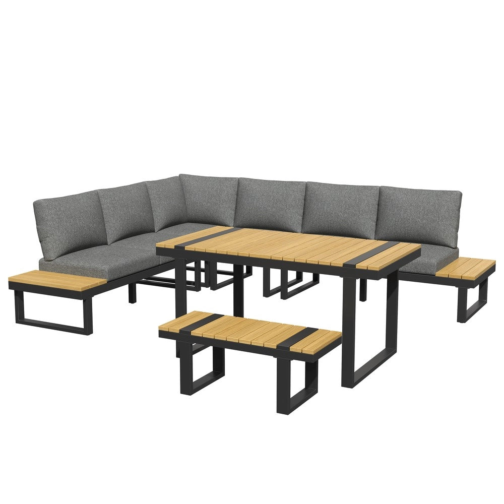Set da giardino angolare - Zephmum- Grigio e nero, tavolo in legno composito, seduta regolabile