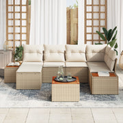 Set Divano da Giardino di 7 Pezzi con Cuscini Beige Rattan Polietilene Acacia