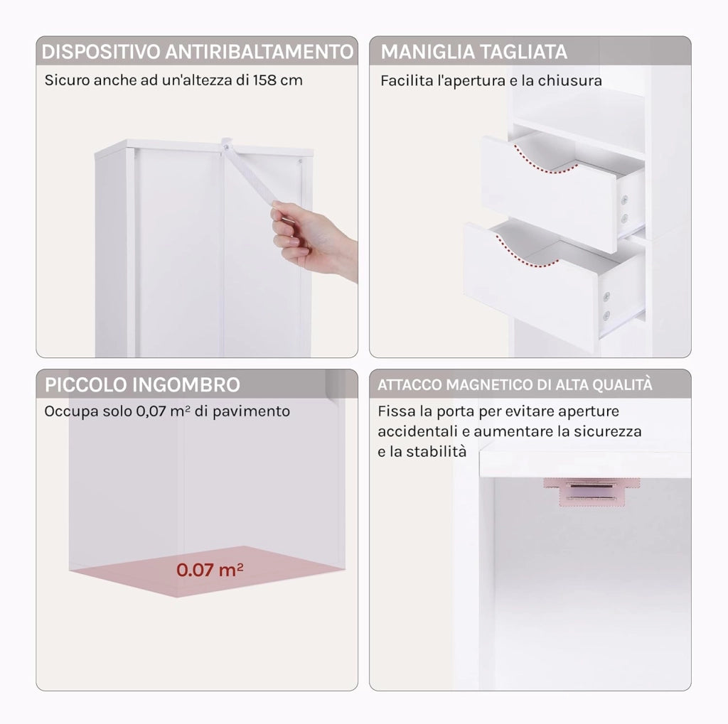 Libreria Verticale, in Legno, con 3 Vani Aperti, 2 Cassetti e 1 Armadietto, Mobile Portaoggetti da Terra con Ripiano Regolabile, Bianco, 30x24x158cm