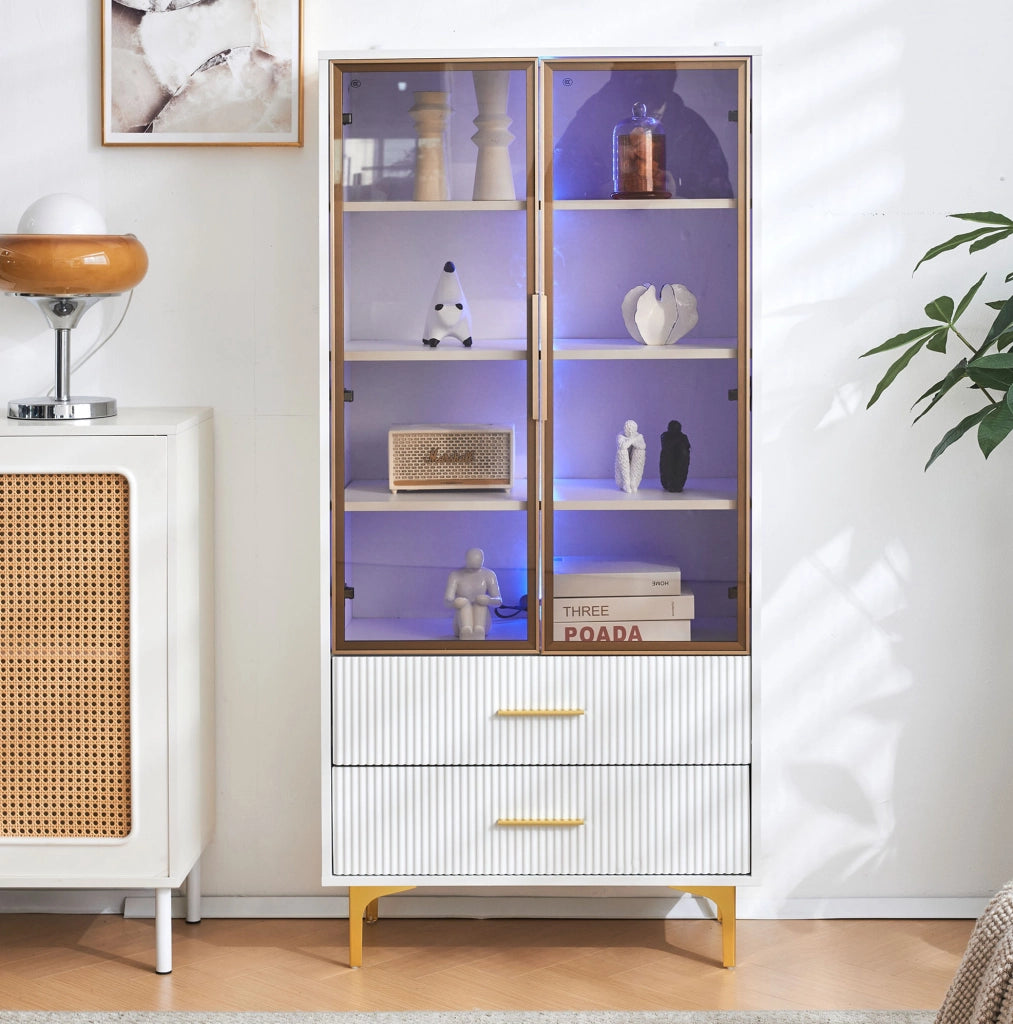 Vetrina 70x35x150 cm con ante in vetro fumé e LED; truciolare bianco