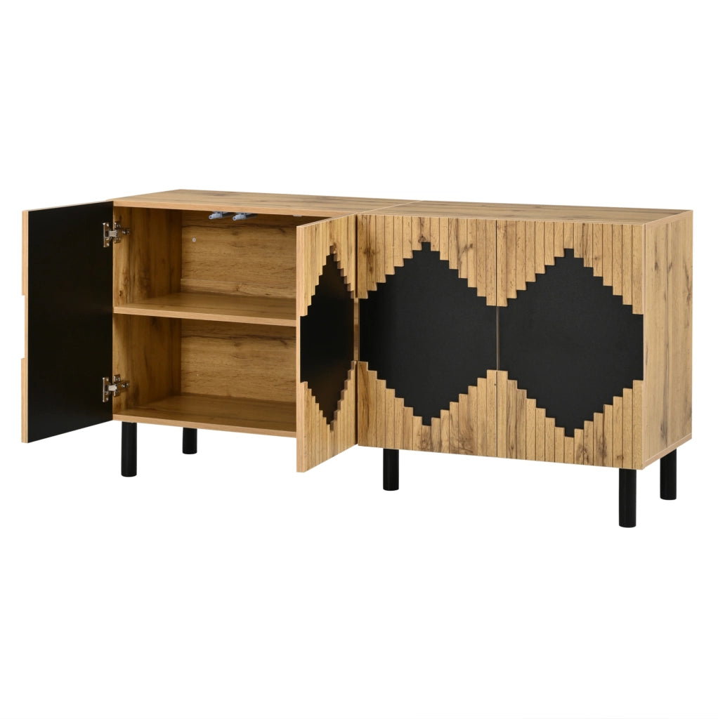 Credenza 140x40x70 cm a 2 ante push-open in MDF e truciolare naturale e nera