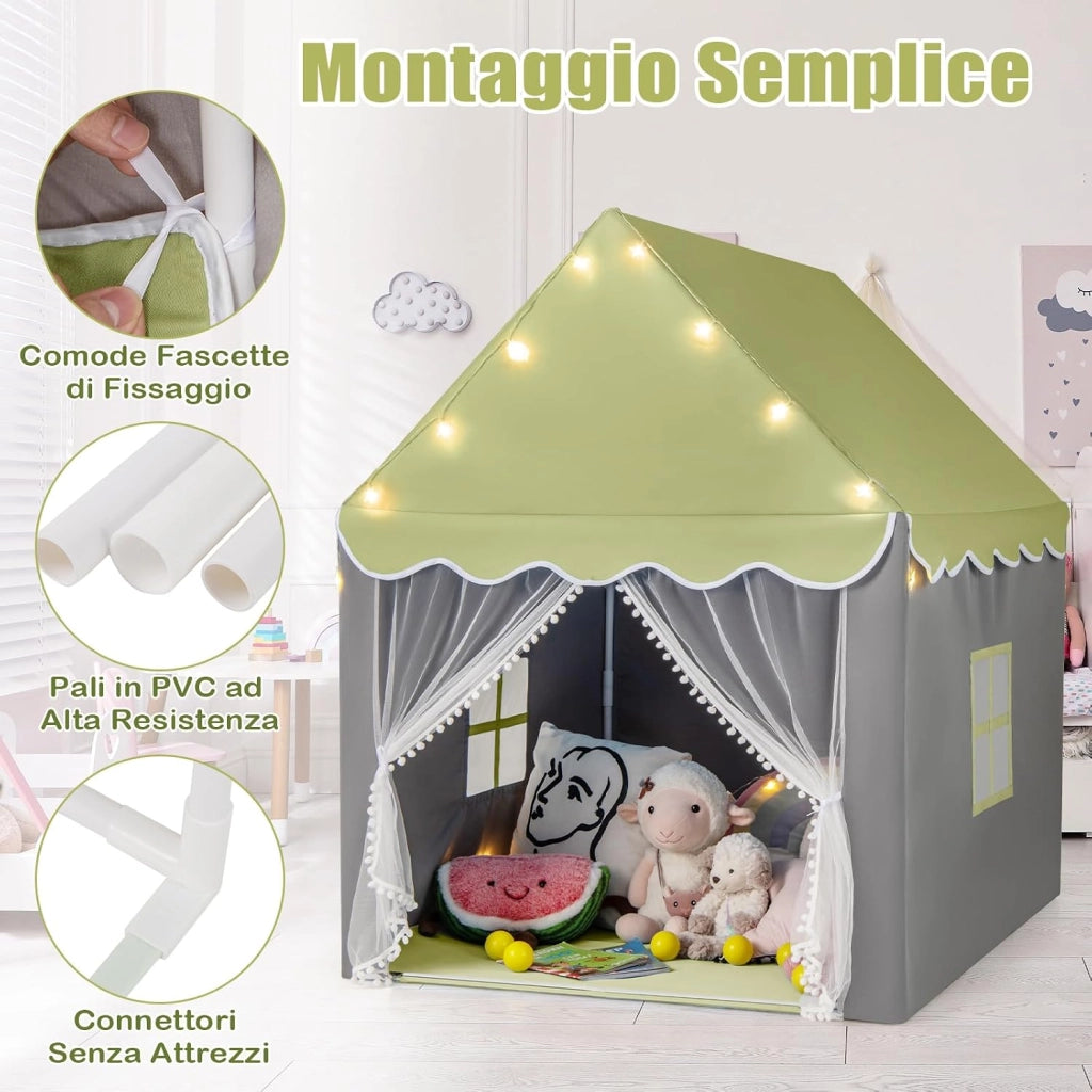 Tenda da Gioco per Bambini, Tenda Castello con Tappetino Lavabile, Luci a Forma di Stella, per Interno ed Esterno, 105 x 121 x 136 cm (Stile 2 Verde)