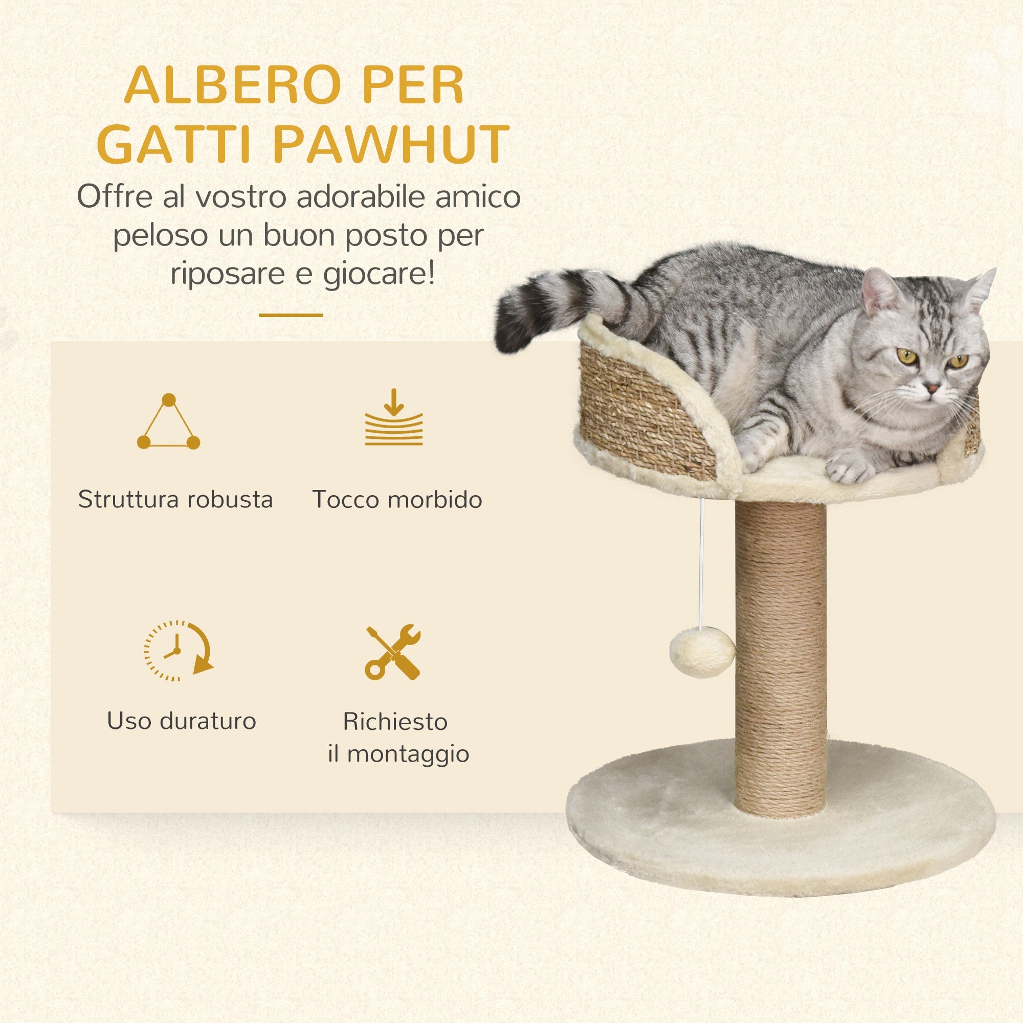 Albero Tiragraffi per Gatti con Lettino 40x40x49 cm Palo in Juta e Pallina Appesa Beige
